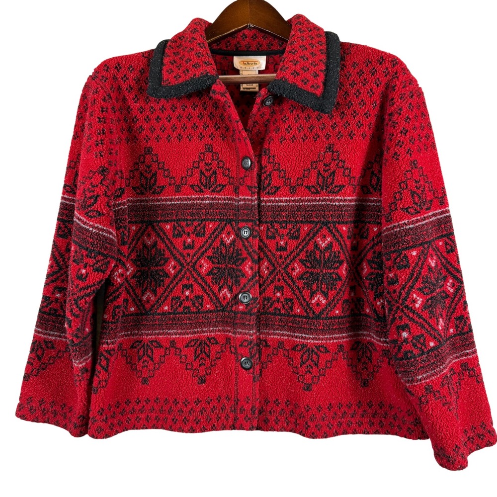 VINTAGE Talbots Petite M Red Black Geometric Sherpa Knit Cardigan Sweater Jacket